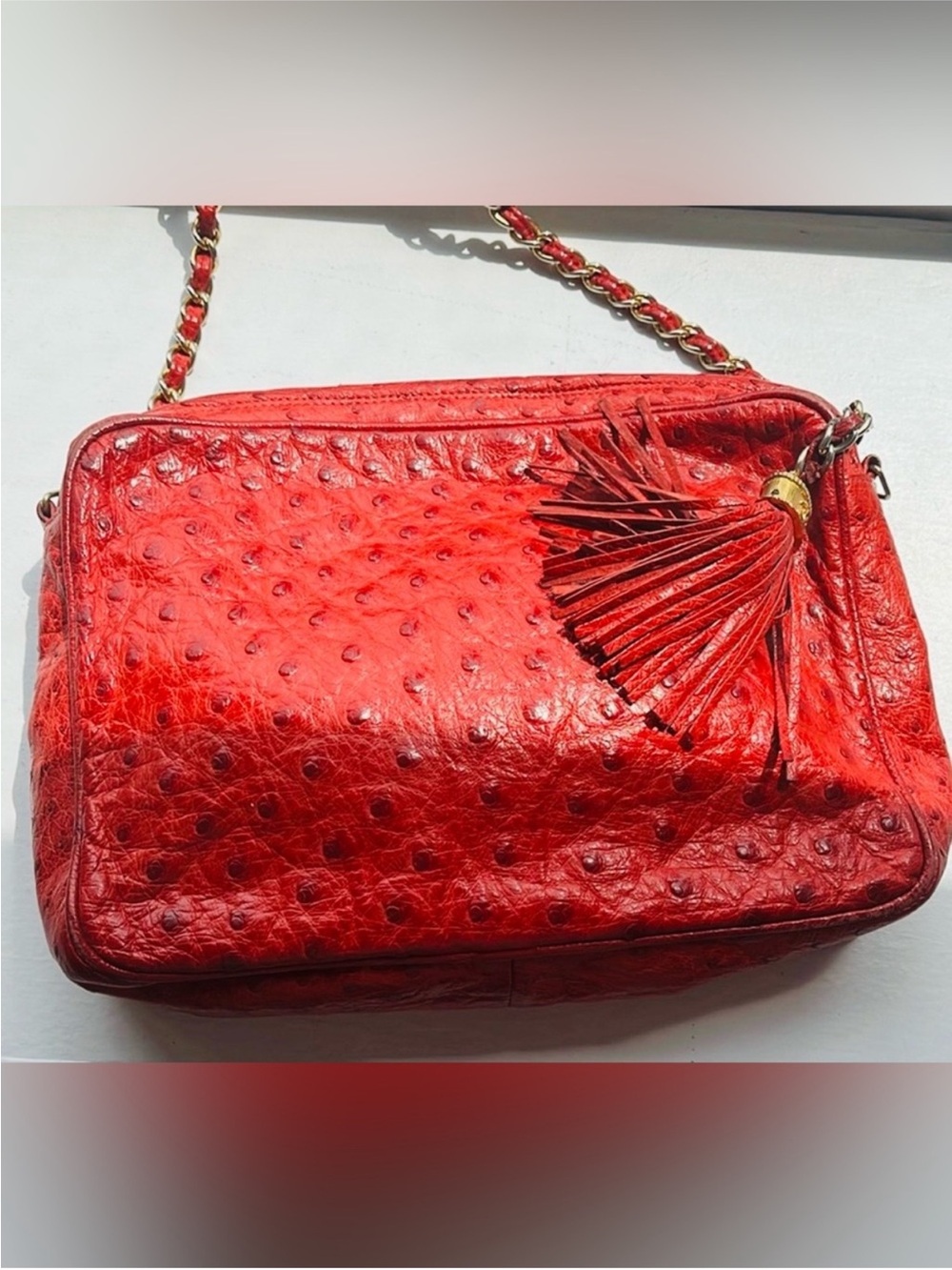 CHANEL Red Ostrich Leather Crossbody Bag with Tassel
